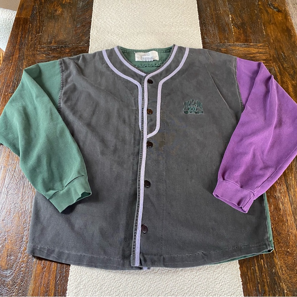 Vintage 90s Color Block Logo Long Sleeve Baseball Tee Jersey Purple Green